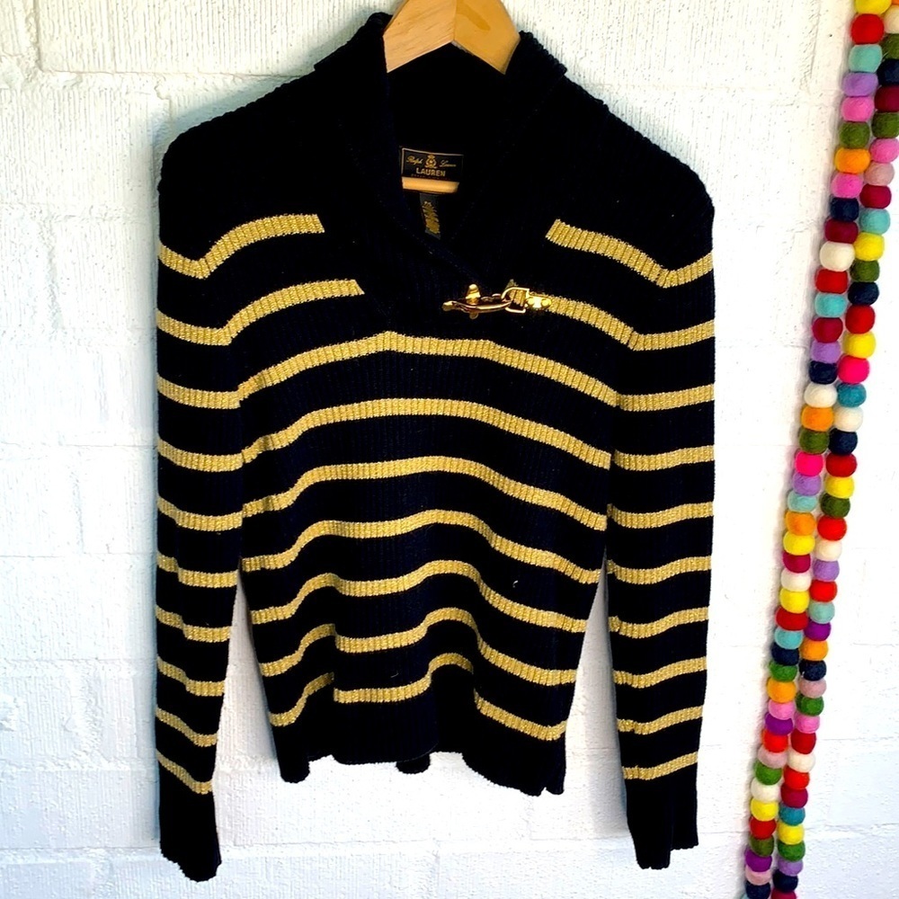 Ralph Lauren Black Gold Metallic Stripe Knit Long Sleeve Sweater sz LP